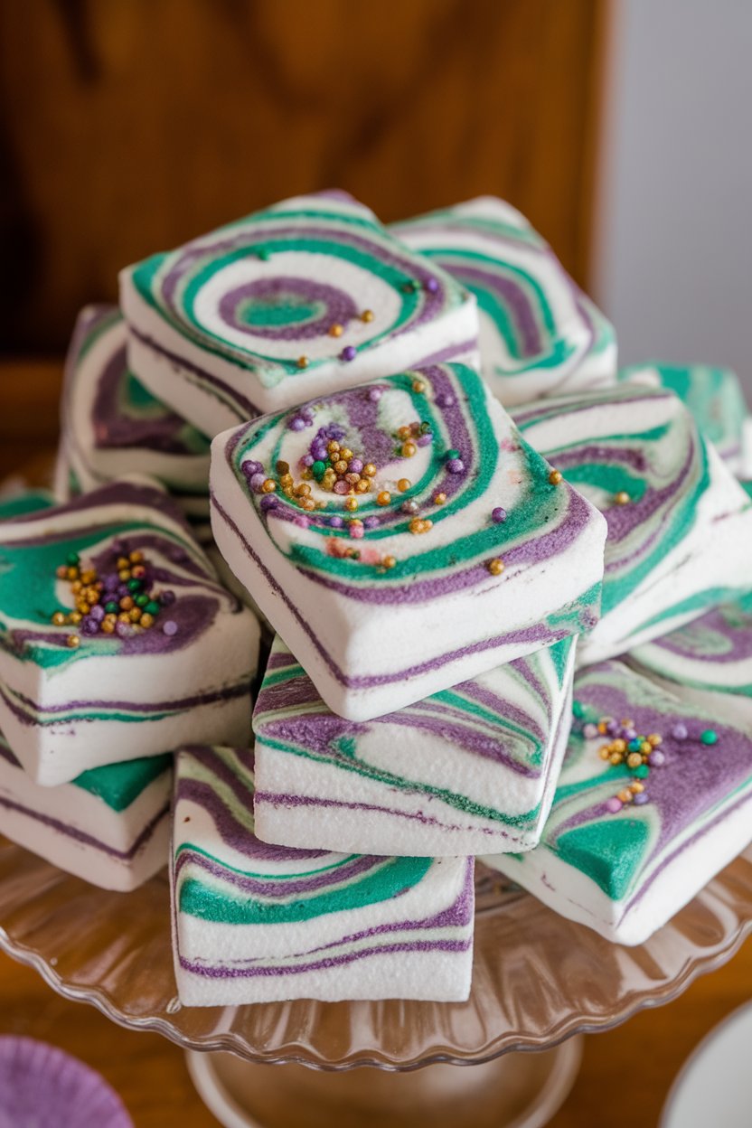 Indoor photo of marshmallow squares swirled with purple, green, and gold sprinkles, stacked on a platter. No text or logos.