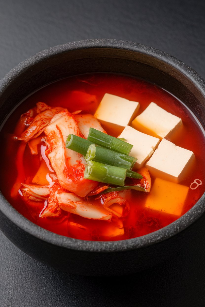 Indoor photo of a red broth with kimchi, silken tofu cubes, and scallions in a black stone bowl; no logos or text.