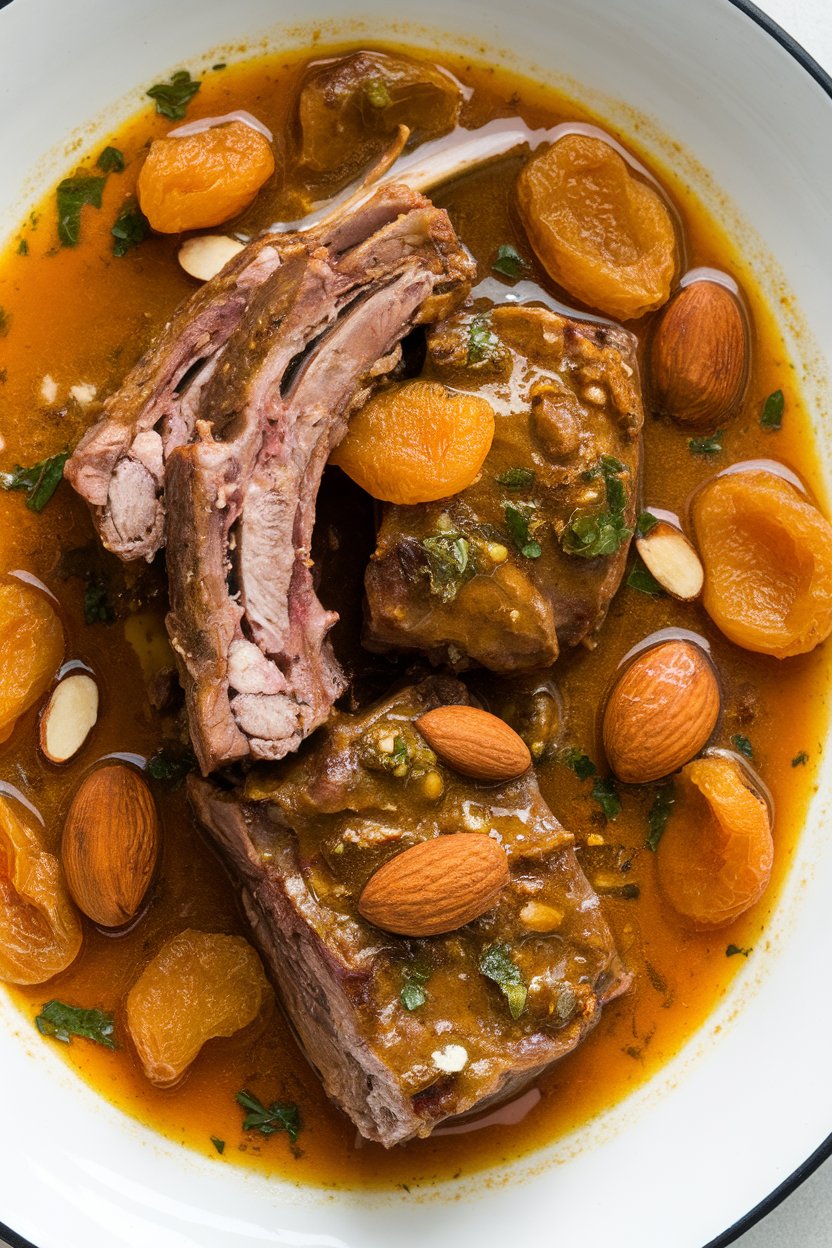 Indoor photo of short ribs in a golden sauce with dried apricots and almonds; no text or logos