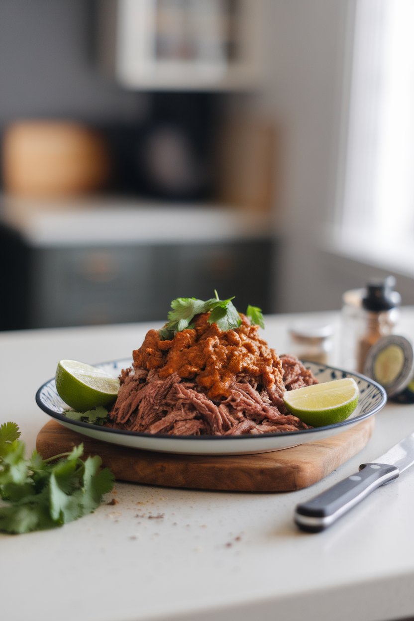 Indoor countertop with a plate of shredded beef topped with chipotle sauce, lime wedges and cilantro on the side. No logos, no text.