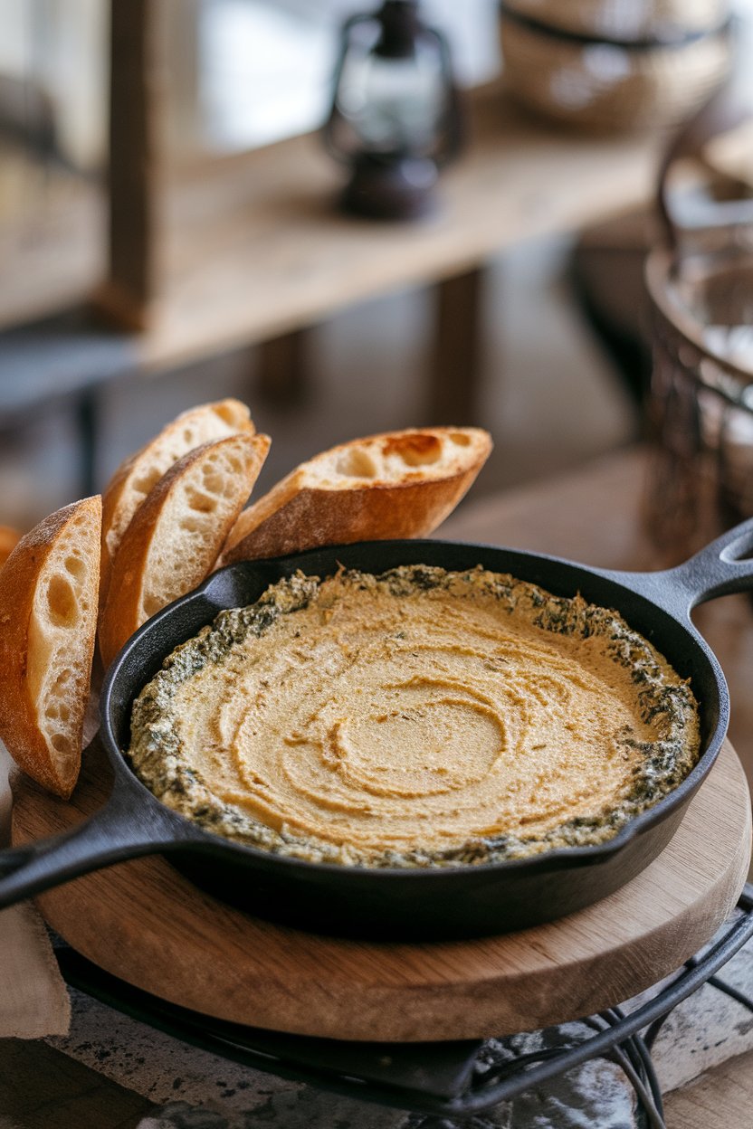Indoor photo of a cast-iron skillet filled with creamy spinach artichoke dip, golden on top, with toasted baguette slices nearby; no text or logos