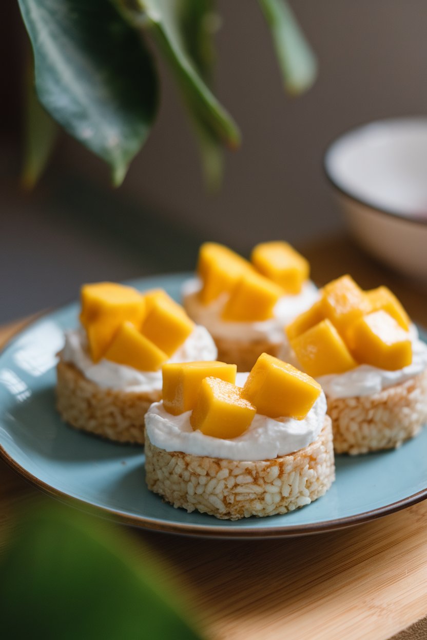 Indoor plate holding rice cakes spread with coconut yogurt and topped with vibrant mango cubes. No text or logos; photo only.