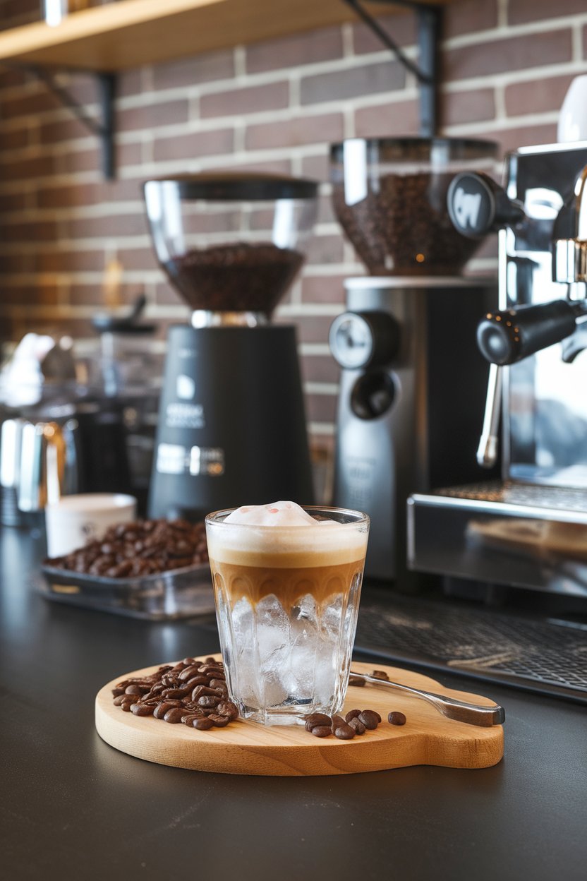 Indoor specialty coffee bar with clear glass of espresso shot cascading into tonic water over ice, no text or logos.