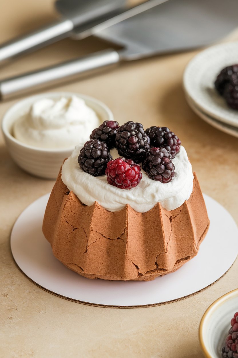 Photo of a single-serve chocolate pavlova topped with whipped cream and glossy blackberries on an indoor cake plate. No text or logos visible.