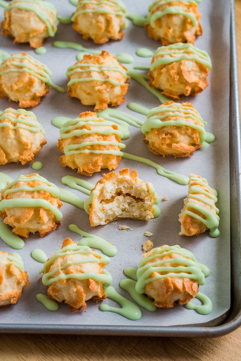 An indoor baking sheet of golden coconut macaroons drizzled with pale green lime icing. No logos or text.