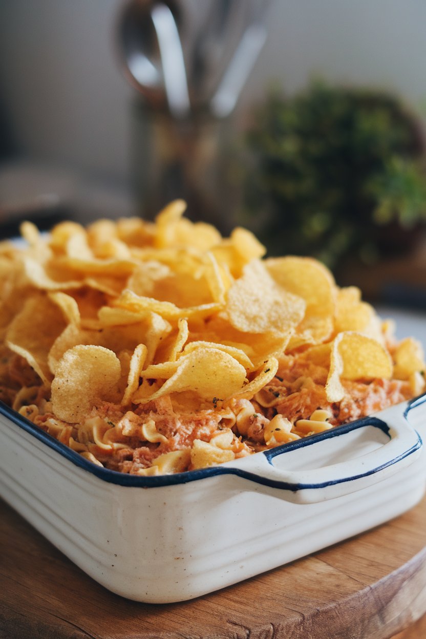 Indoor photo of a vintage white baking dish with tuna noodle casserole topped by crunchy potato chips, golden and inviting. No visible text or brand marks.