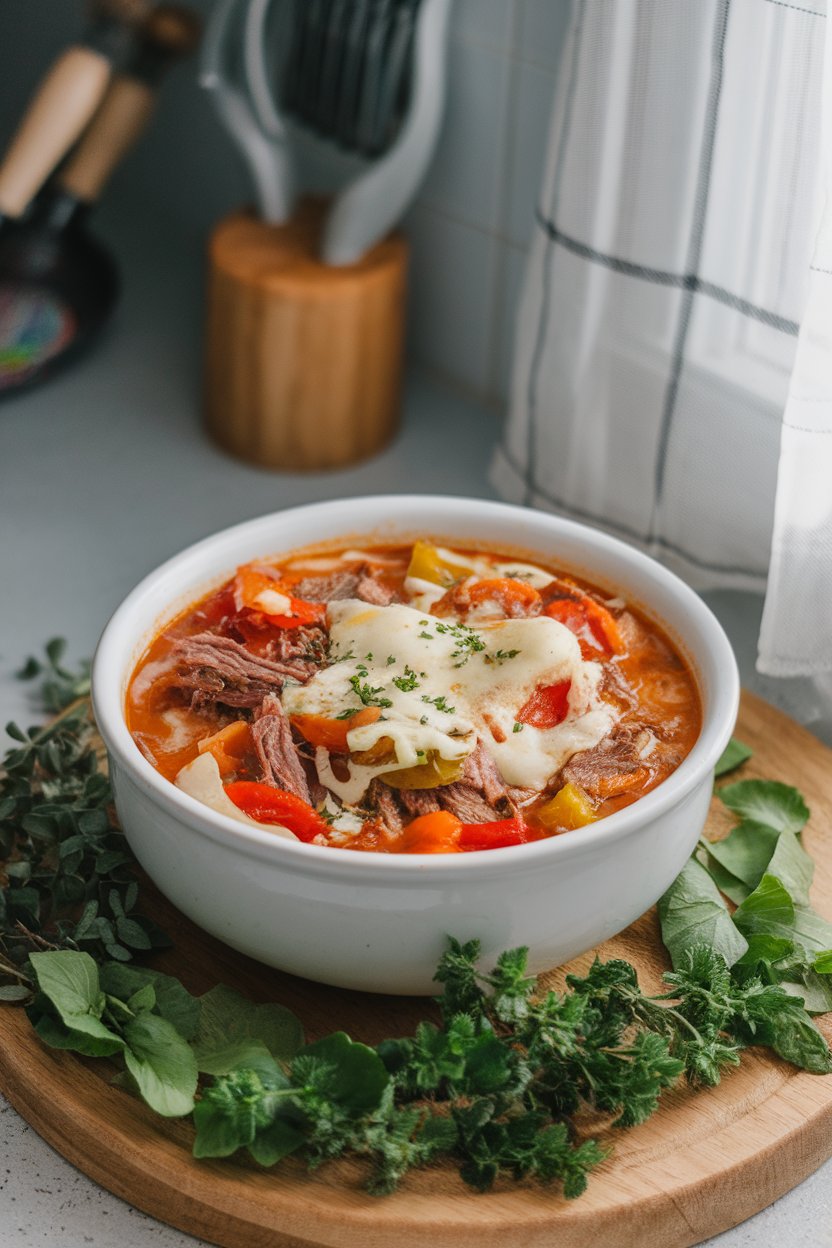 Indoor kitchen scene featuring a hearty bowl of cheesesteak soup—shaved beef, sautéed peppers, onions, and melted provolone blanket on top. No text or logos. Photo.