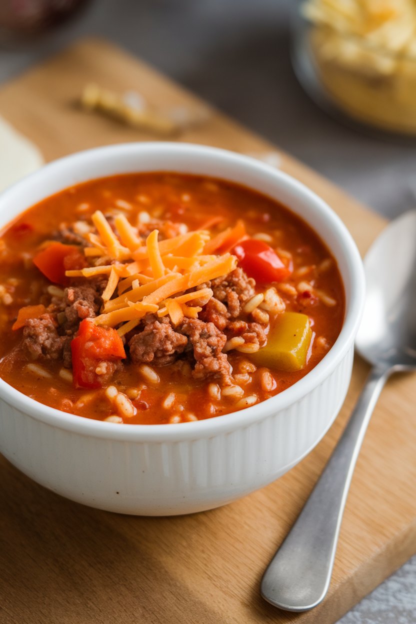 Indoor photo of a chunky tomato-based soup with ground beef, rice, and bell pepper pieces, garnished with shredded cheese; no text or logos.