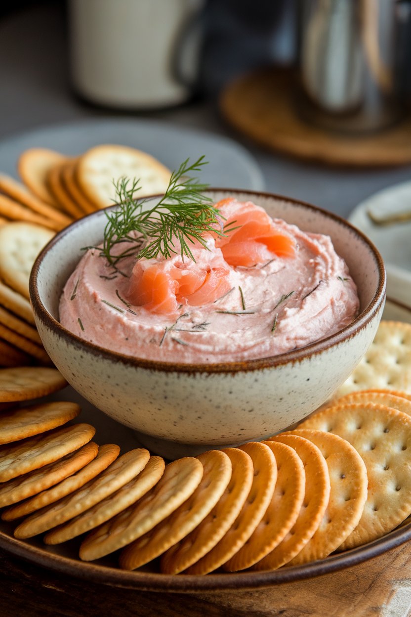 Indoor bowl of creamy smoked salmon dip garnished with dill, crackers nearby, no text or logos