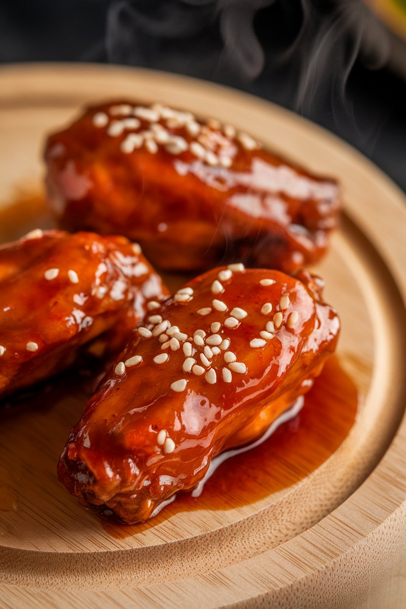 A close-up indoor shot of lacquered chicken wings glazed in a deep reddish honey-Sriracha sauce, sesame seeds sprinkled on top, steam faintly visible. No text or logos in view.