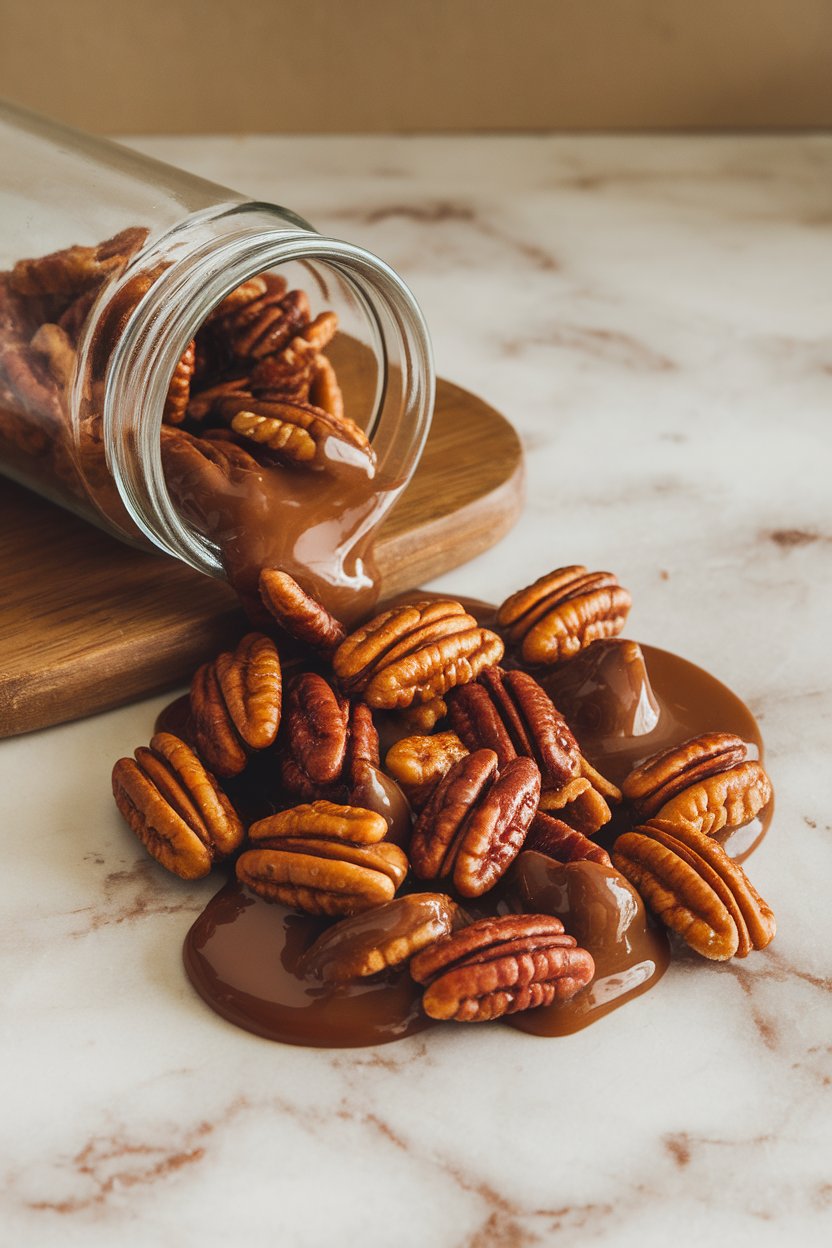 Indoor photo of a small glass jar spilling candied pecans coated in glossy praline glaze onto a marble countertop; no text or logos