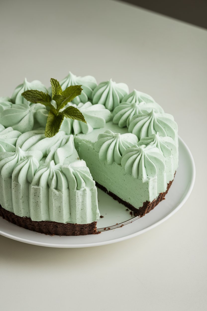 An indoor slice of mint-green chiffon pie in a chocolate cookie crust, a sprig of mint on top, no text or logos. Photo only.