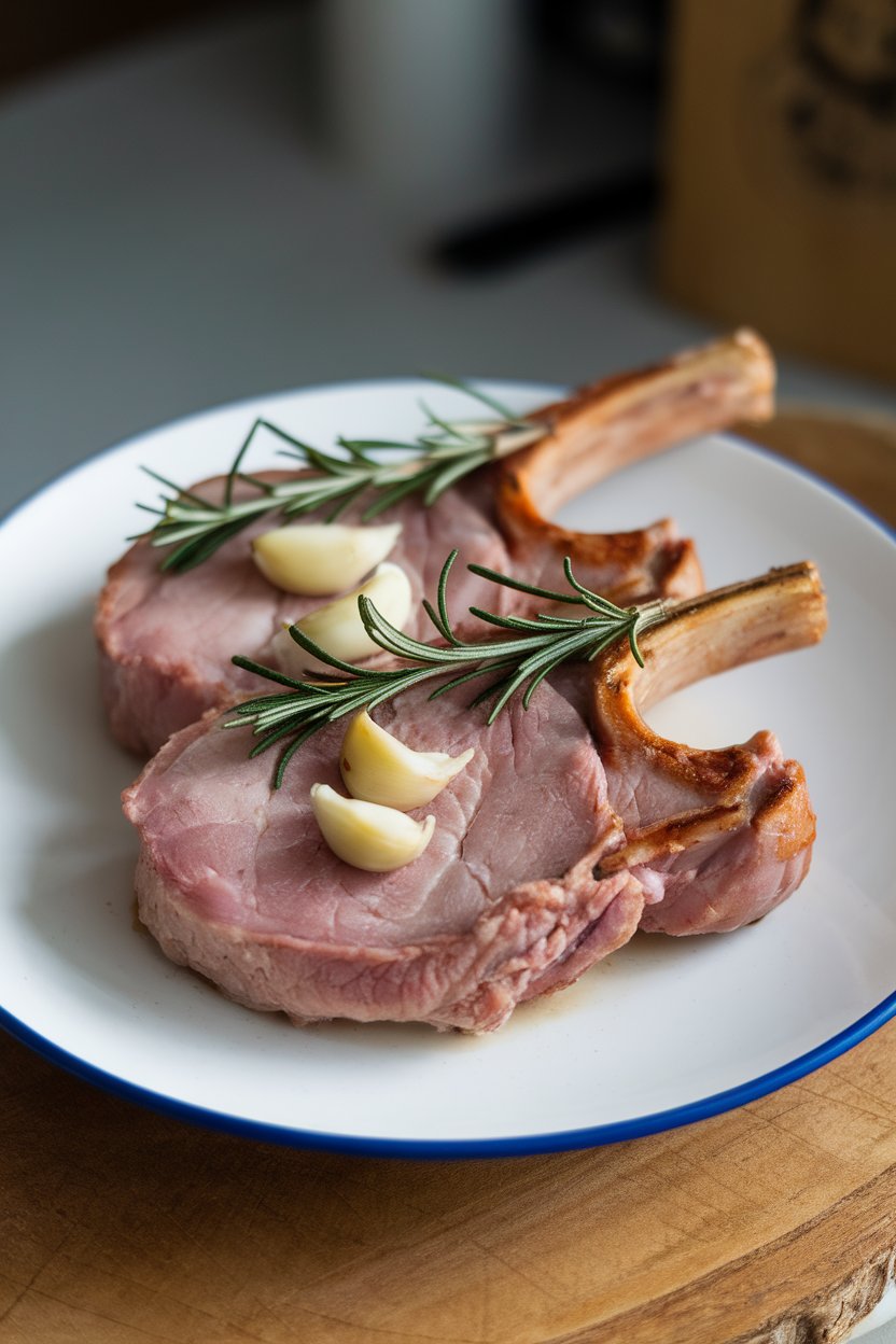 Simple white plate with pork chops topped with rosemary sprigs and garlic cloves, no text or logos.