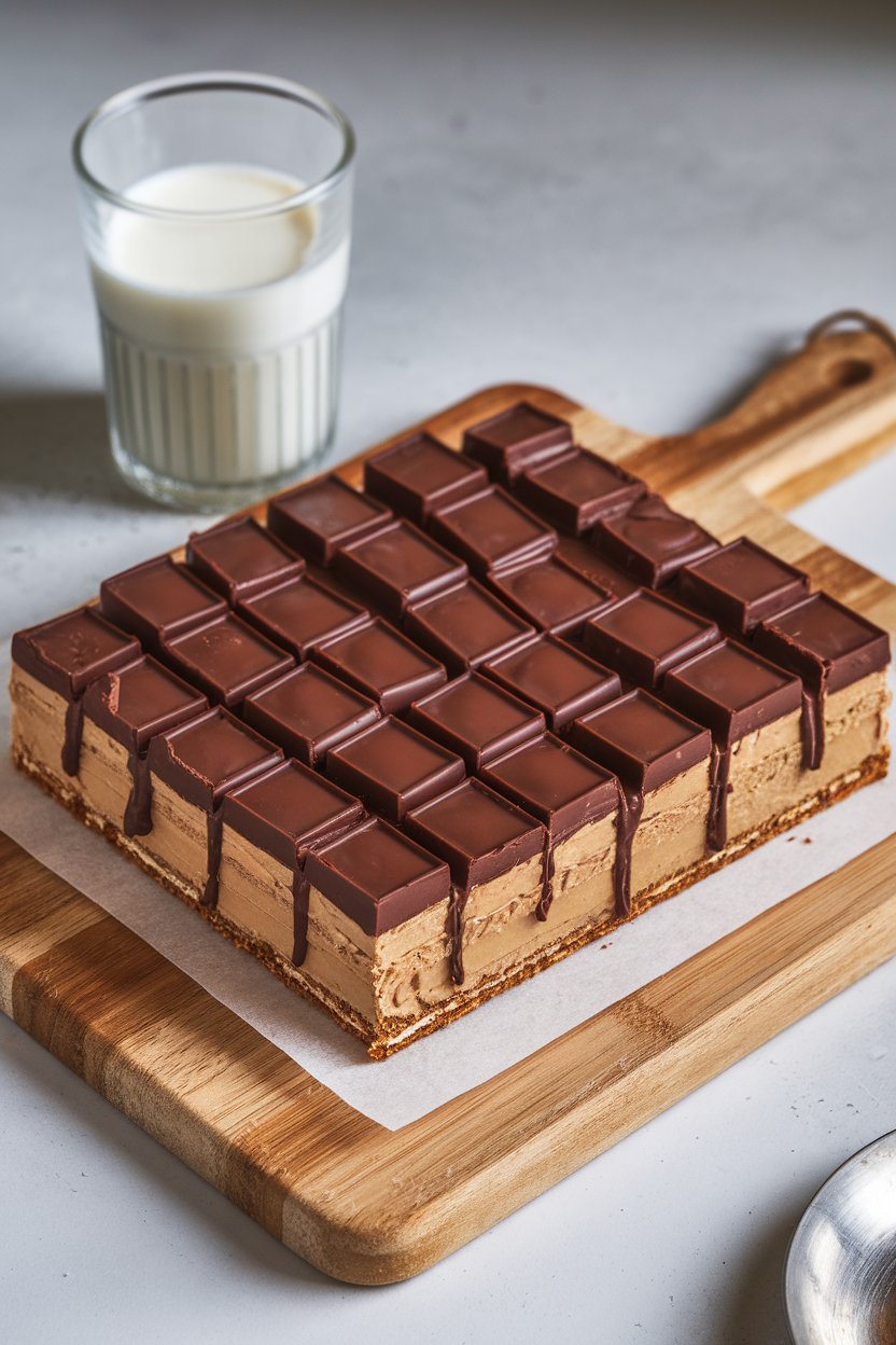 Indoor cutting board with square bars showing a pretzel crust, peanut butter layer, and chocolate topping, a glass of milk nearby. No logos or text.