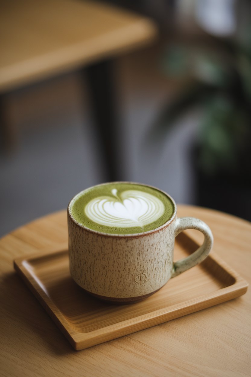 Indoor ceramic mug of velvety green matcha latte with gentle foam art on top, wooden tray underneath, no logos.