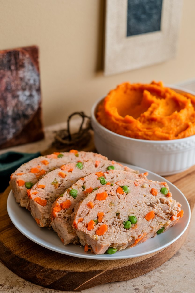 Indoor photo of turkey meatloaf slices flecked with peas and carrots, served beside mashed sweet potatoes, no logos.
