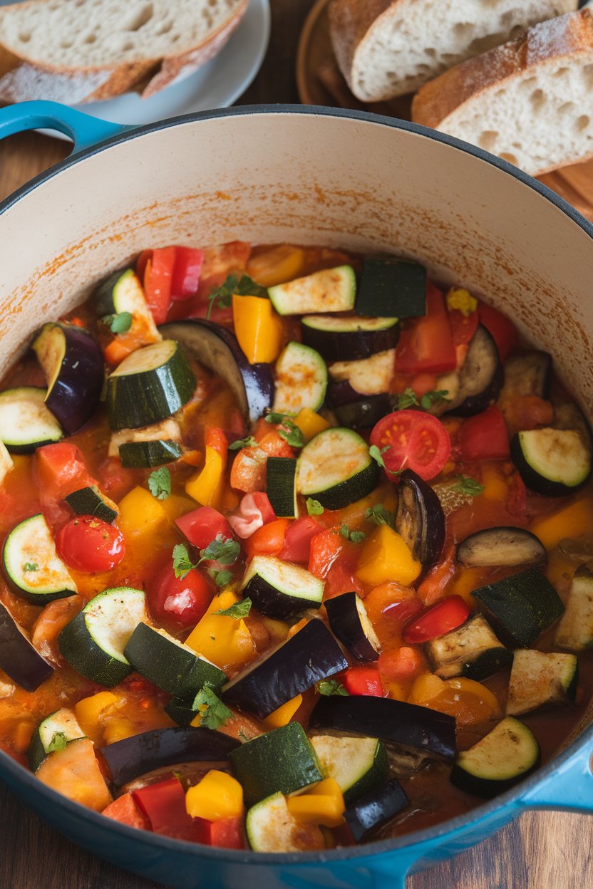 An indoor Dutch oven filled with colorful chunks of zucchini, eggplant, bell pepper, and tomato stew, with baguette slices on a plate nearby. No text or logos. Photo.