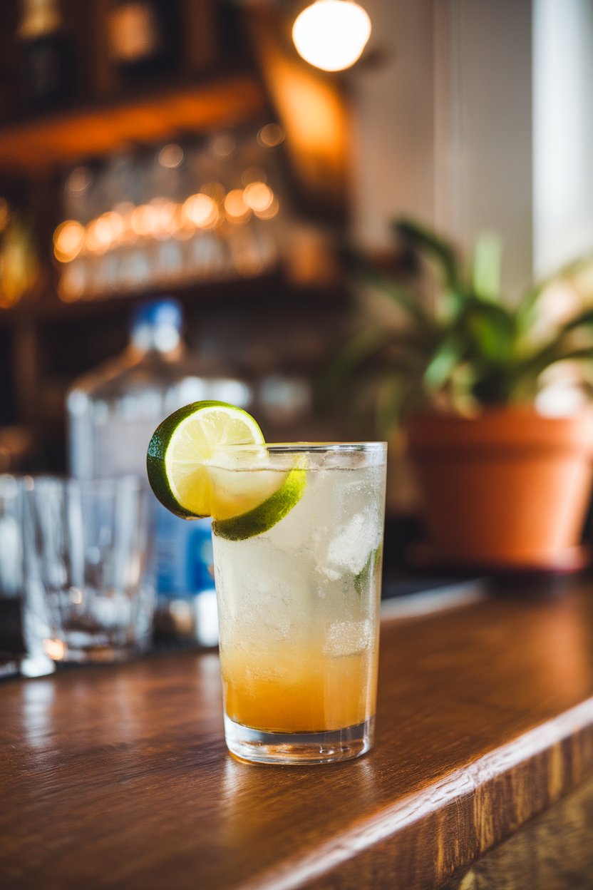 A highball glass inside a cozy bar, layers of dark rum cascading into fizzy ginger beer, lime wedge perched on rim, no text or logos. Photo only.