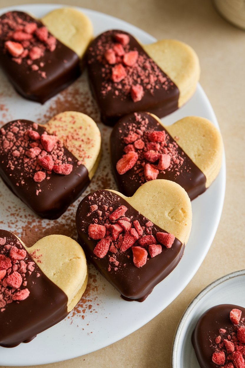 An indoor tabletop display of buttery shortbread hearts half-dipped in glossy dark chocolate and sprinkled with crushed freeze-dried strawberries. Photo, no text or logos.