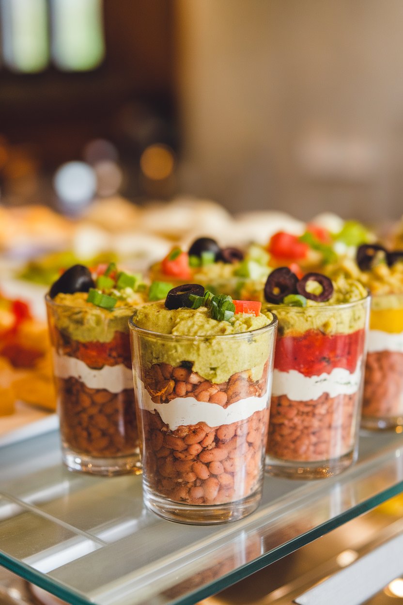 Photo prompt: Indoor buffet with several small glass tumblers, each showing visible layers of refried beans, guacamole, salsa, vegan sour cream, olives, tomatoes, and green onions. No logos or text. Photo, not illustration.