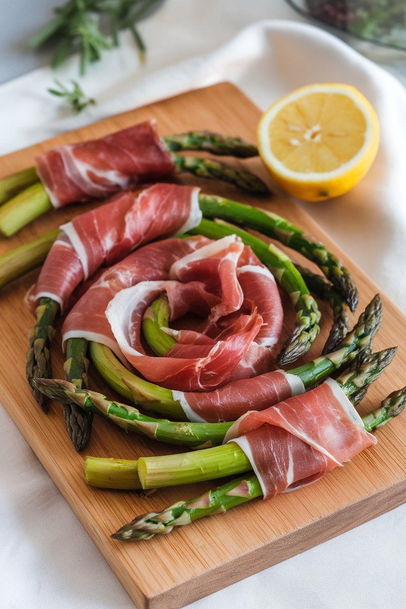 An indoor serving board featuring roasted asparagus spears wrapped in thin prosciutto slices, lemon zest sprinkled on top. No text or logos. Photo, not illustration.