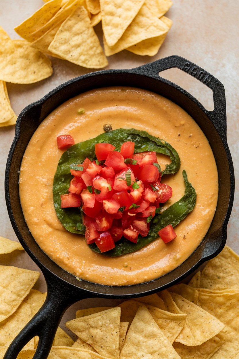 Photo prompt: Indoor kitchen scene with a small cast-iron skillet of silky vegan queso topped with diced tomatoes and green chiles, tortilla chips fanned around it. No text or logos. Photo, not illustration.