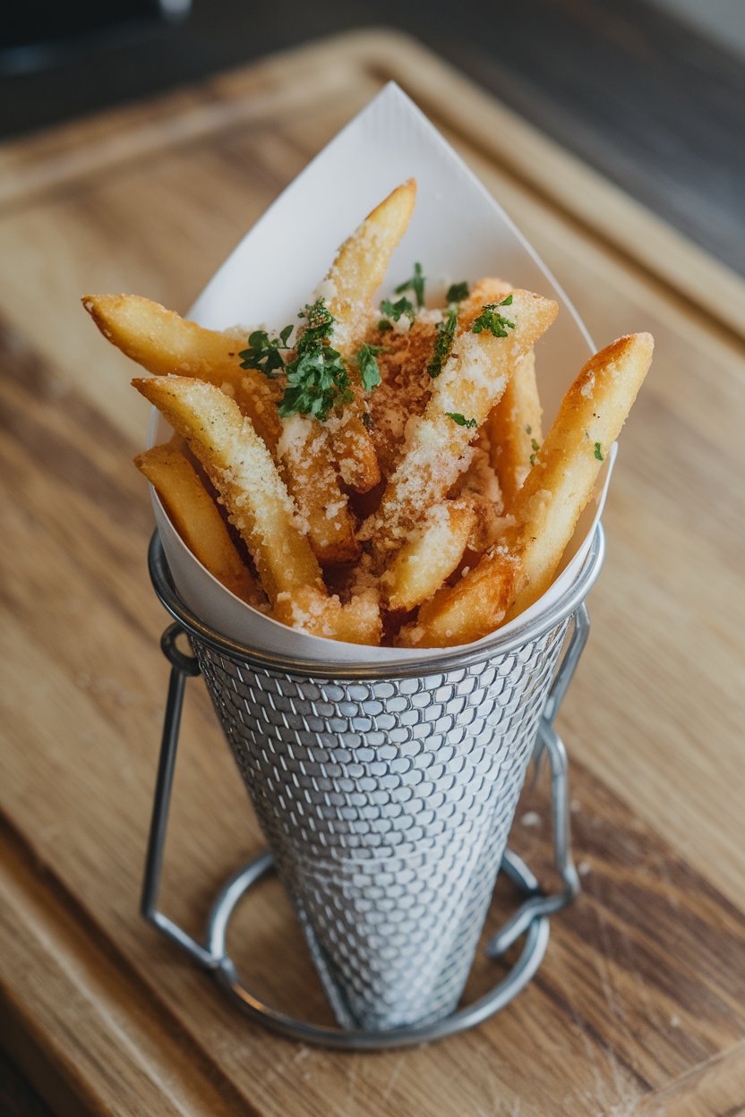 Indoor photo of a metal cone filled with crispy fries dusted in grated Parmesan and minced garlic, parsley sprinkled on top; no text or logos