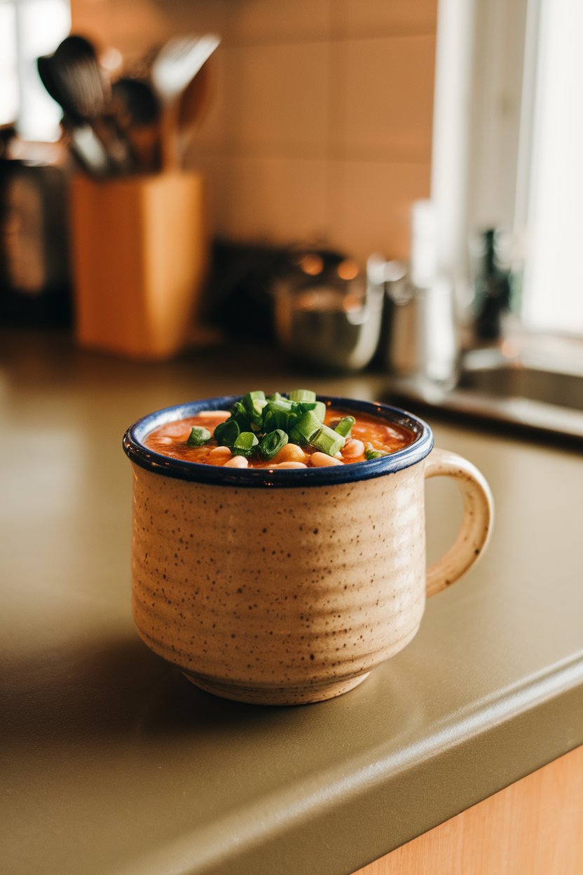A ceramic soup mug filled with white bean turkey chili, sprinkled with chopped scallions, on an indoor kitchen island. No text or logos. Photo only.