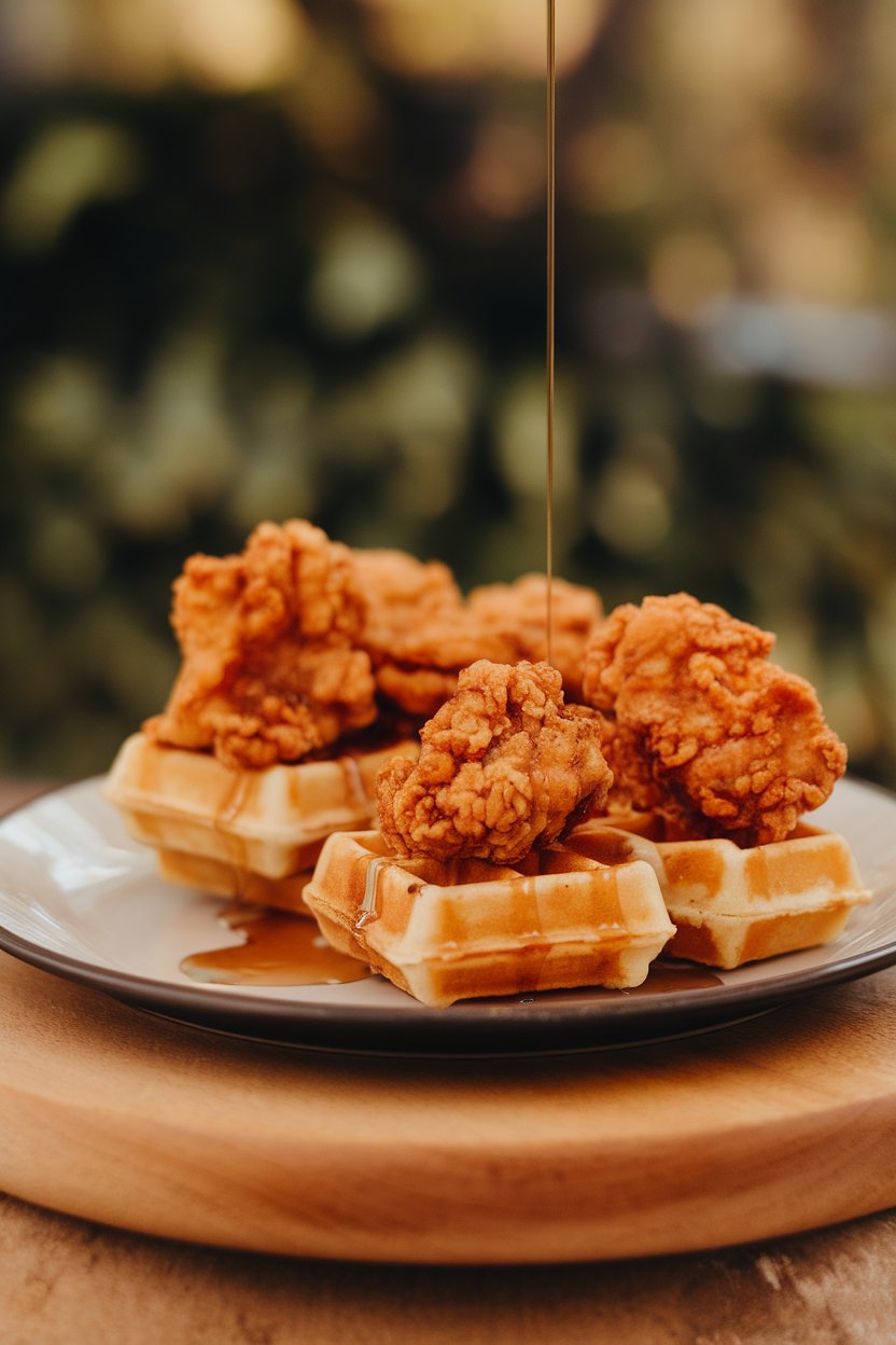 Indoor photo of small waffles sandwiching fried chicken nuggets, a drizzle of maple syrup over the top. Warm lighting, no text or logos.