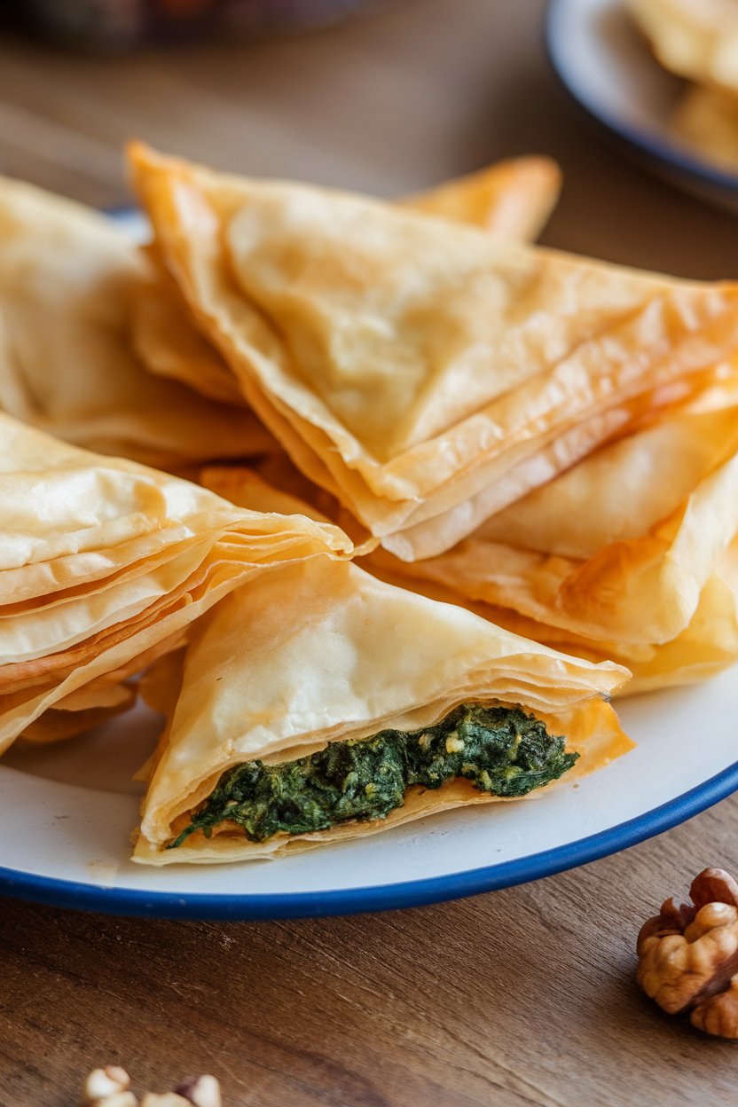 An indoor plate of golden phyllo triangles, flaky layers evident, a broken one showing green spinach filling. No text or logos.