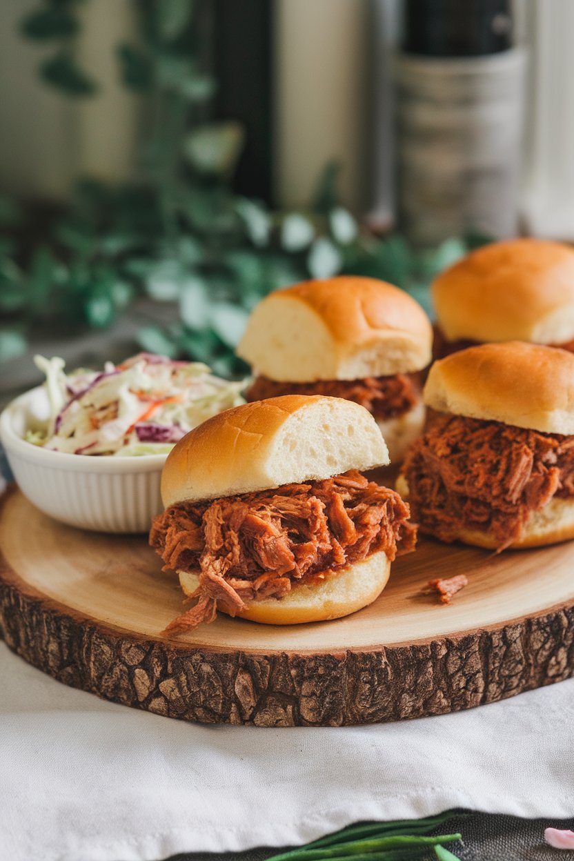 Indoor photo of mini brioche buns stuffed with saucy pulled pork, a small bowl of coleslaw nearby; no text or logos.