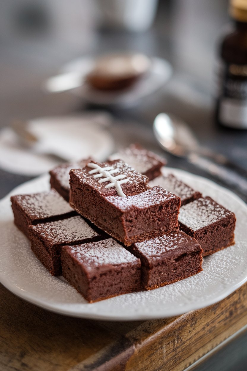 Indoor image of dark chocolate espresso brownies cut into small rectangles, light dusting of powdered sugar football laces. No text or logos.