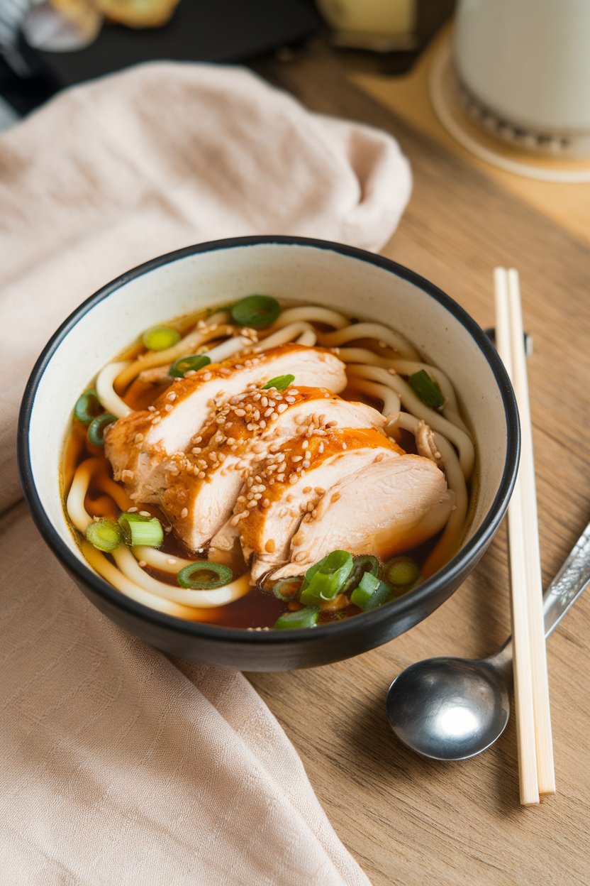 Indoor tabletop with a bowl of teriyaki-flavored noodle soup—sliced chicken, udon noodles, sesame seeds, and scallions in brown broth. No text or logos. Photo.