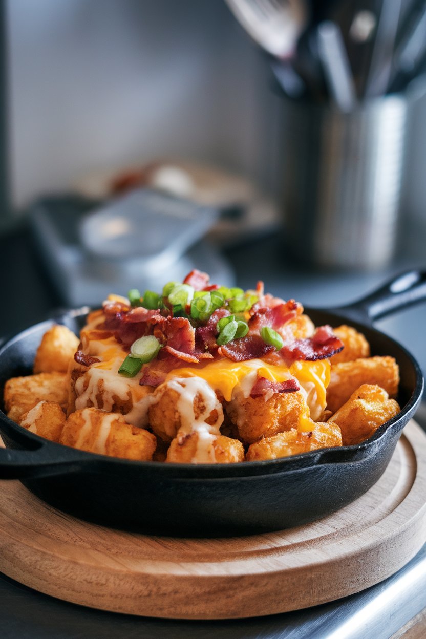Indoor photo of a cast-iron skillet filled with crispy tater tots topped with melted cheese, bacon, and green onions, no text or logos.