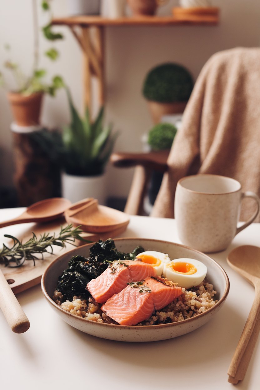 A cozy indoor breakfast setting with a shallow bowl containing flaky baked salmon chunks, quinoa, sautéed kale, and a soft-boiled egg. Soft morning light; no text or logos.