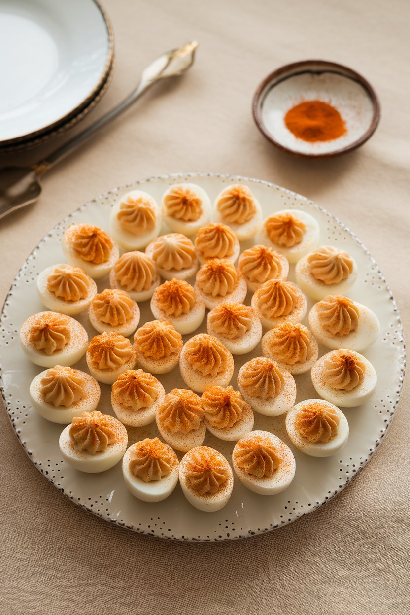 Indoor dining table with a white porcelain egg platter holding neatly piped deviled eggs dusted with paprika. No text or logos.