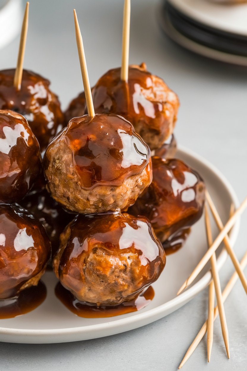 Indoor photo of glossy cocktail meatballs coated in a dark whiskey glaze, toothpicks ready for serving, no text or logos