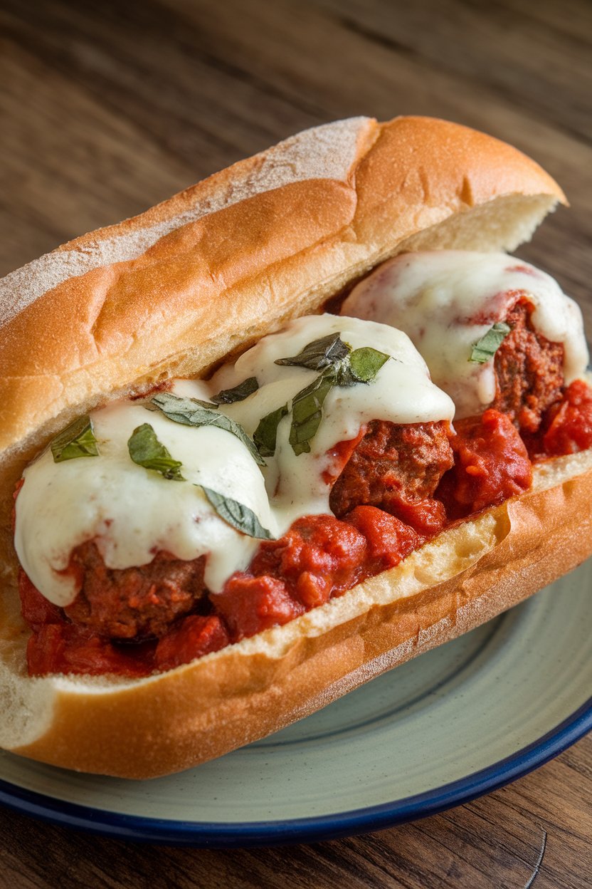 Indoor photo of split hoagie rolls filled with saucy meatballs and melted provolone; no text or logos.