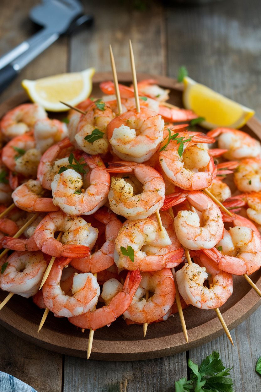 An indoor platter of cooked Cajun-spiced shrimp skewers, garnished with lemon slices and parsley, no tails removed for grip. No text or logos in the frame.