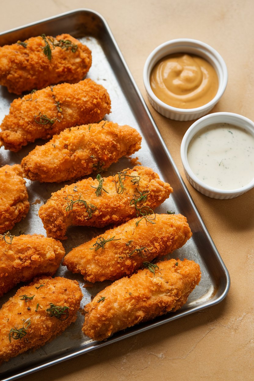 Indoor photo of breaded chicken tenders arranged on a metal tray, small ramekins of ranch and honey mustard beside them; no text or logos