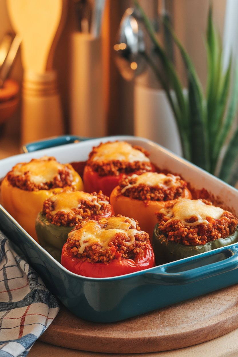 A warmly lit indoor baking dish containing colorful bell peppers stuffed with ground turkey, quinoa, and tomato sauce, cheese lightly browned on top. No branding or text.