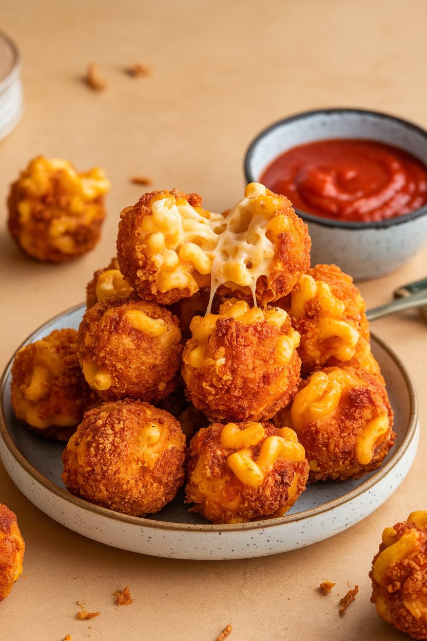 An indoor plate stacked with crispy golden mac and cheese balls, cheese stretching from a bitten piece, with marinara dipping sauce nearby. No text or logos. Photo, not illustration.
