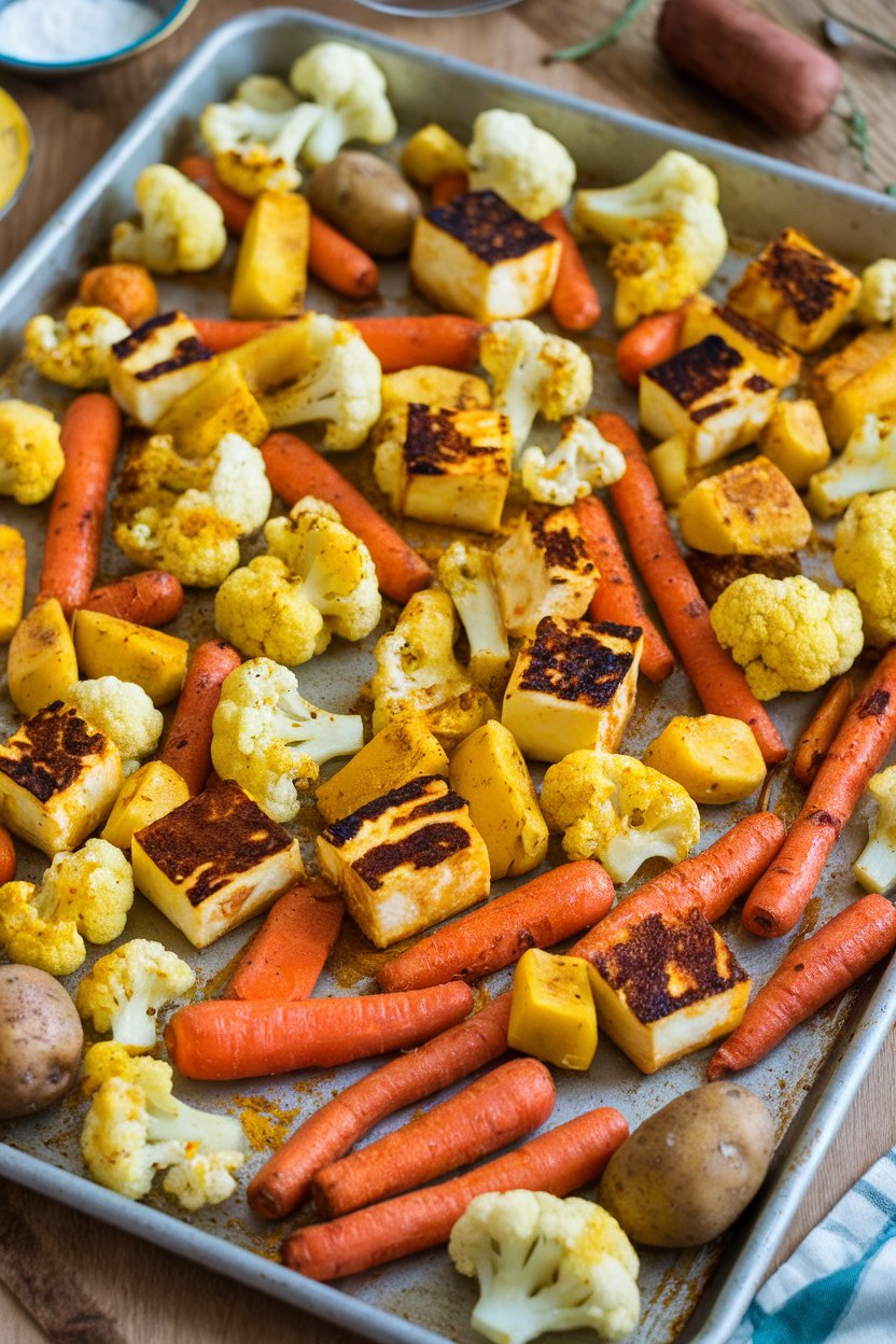 Indoor photo showing cubes of browned halloumi, roasted carrots, cauliflower, and potatoes coated in yellow curry spices on a sheet pan. No text or logos.