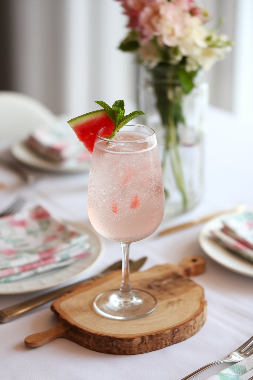 Photo of a Collins glass indoors with light pink sparkling cocktail, tiny watermelon wedge and mint sprig, bright brunch setting, no text or logos