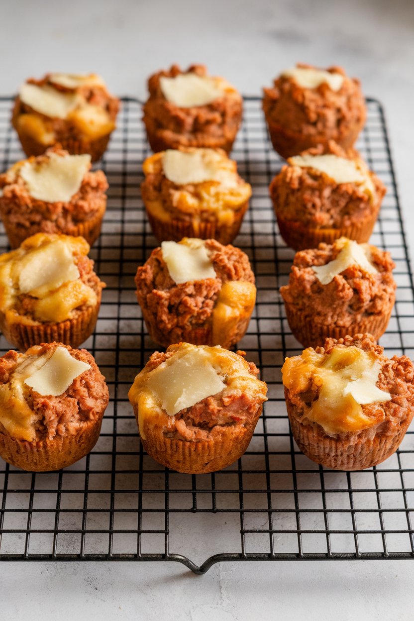 Photo of individual turkey meatloaf muffins topped with melted Parmesan, arranged on a baking rack indoors. No text or logos.