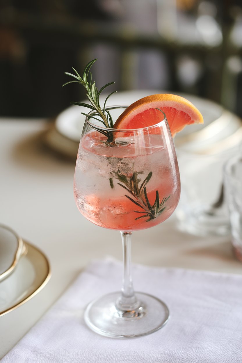 Indoor bistro table holding a stemmed glass of blush pink spritz, sprig of rosemary inside, tiny grapefruit wedge perched on rim. No text or logos.