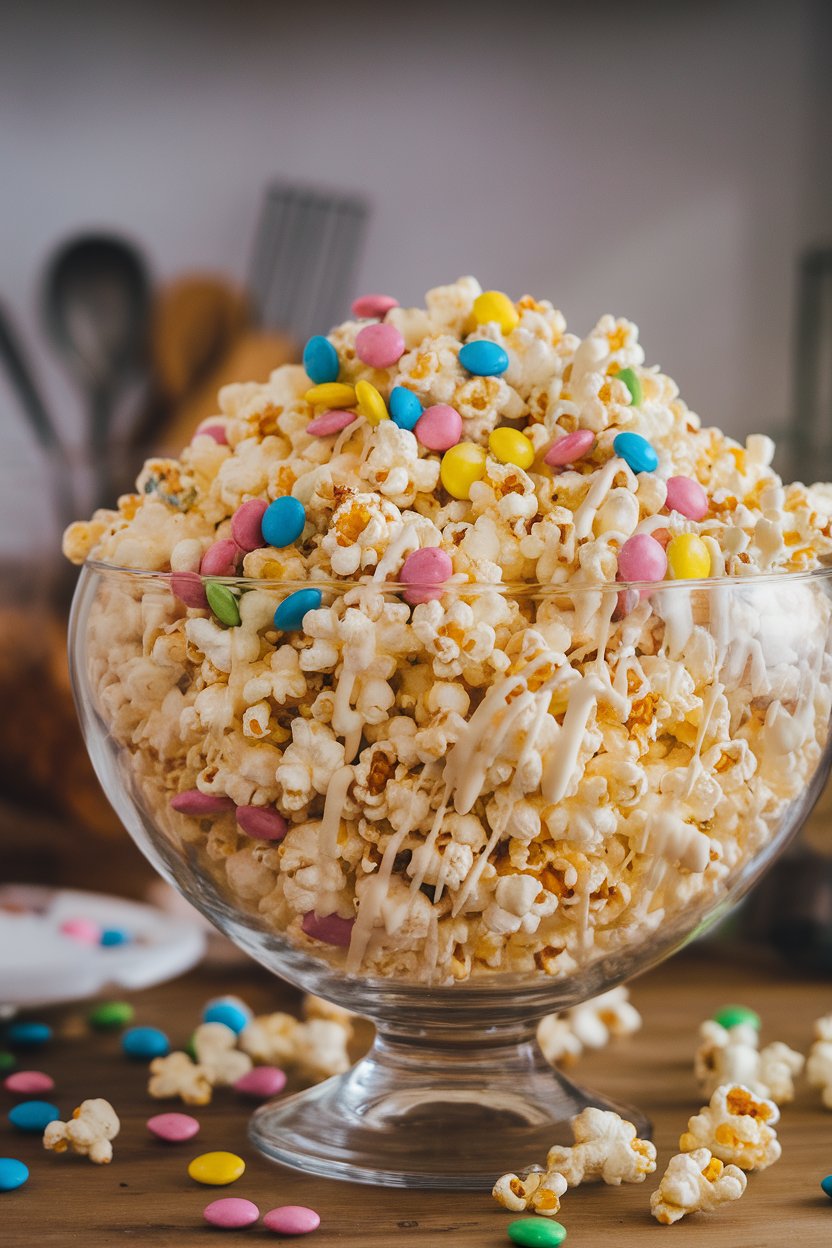 Indoor photo of a large glass bowl filled with popcorn drizzled in white chocolate and tossed with colorful candy pieces. No text or logos.