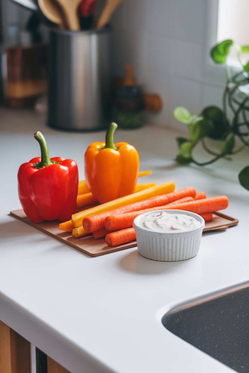 An indoor kitchen counter with colorful bell pepper and carrot sticks alongside a small ramekin of creamy yogurt-based ranch; photo style, no logos.