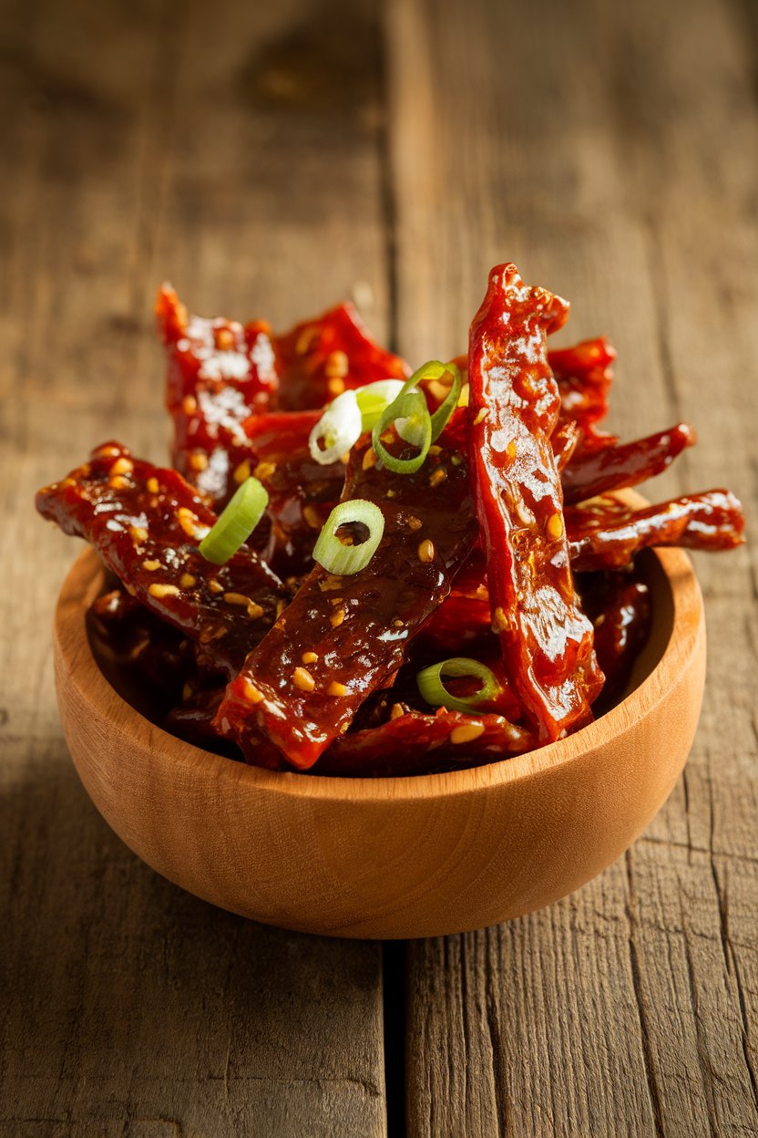 Indoor wooden bowl holding glossy teriyaki beef jerky strips, no text or logos, photo only
