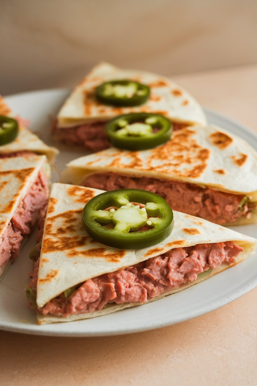 Indoor photo of cooked tuna-melt quesadilla slices, jalapeño rings visible, no text or logos.
